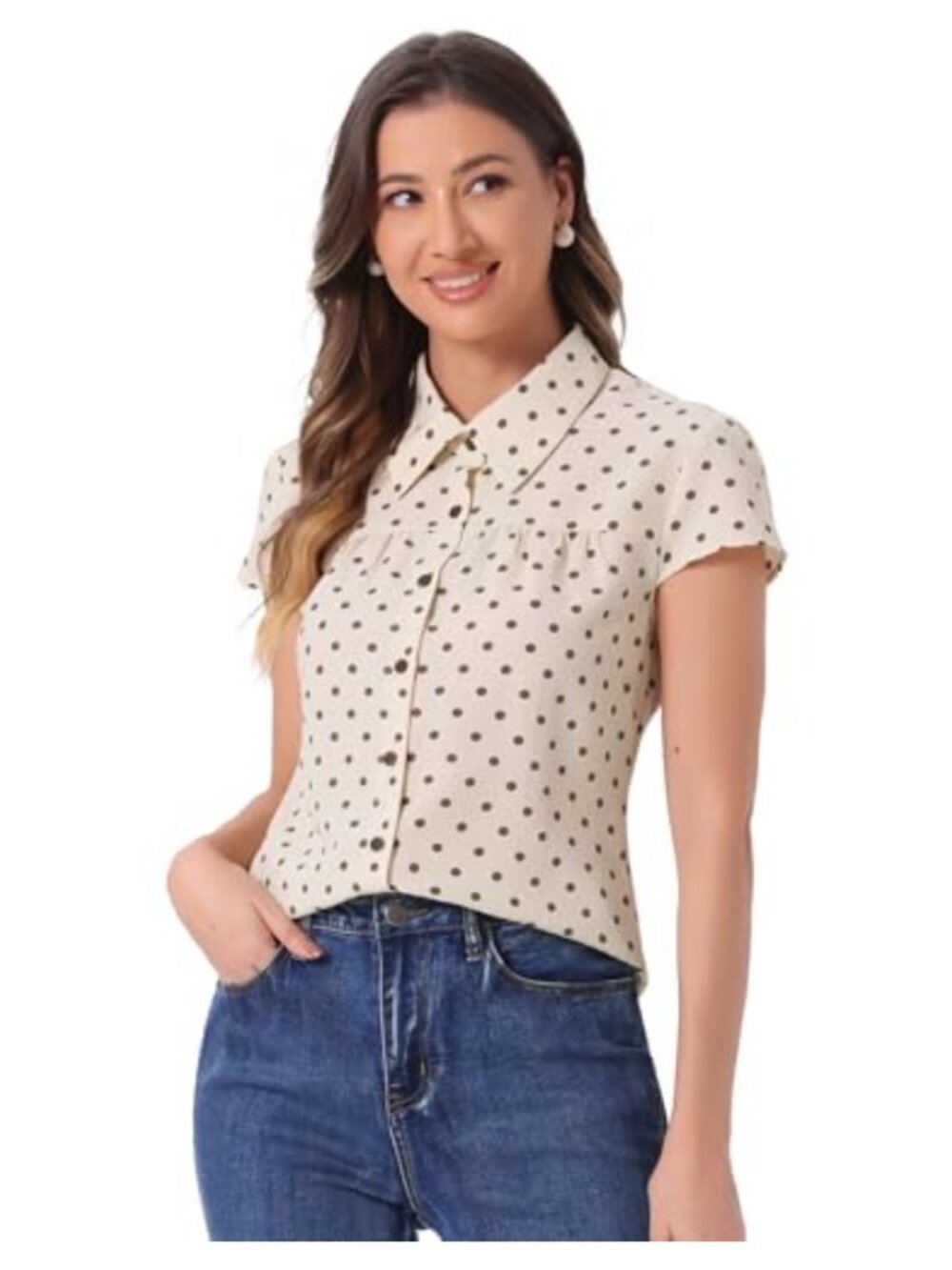 Vintage Polka Dot Short Sleeve Button-Up Blouse Women's Retro Summer Shirt